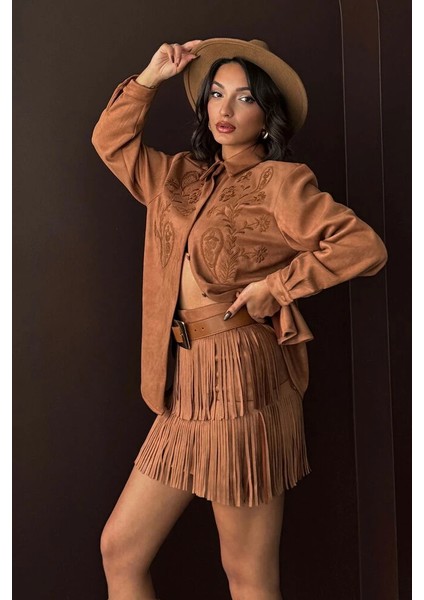 Kadın Siyah Püsküllü Mini Etek Katmanlı Saçaklı Süet/scuba Kumaş Abiye Party Eteği indirimleri