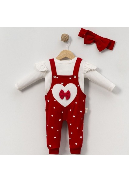 Kız Bebek Kırmızı Kalpli Fiyonklu Bandanalı Salopet Takım - 1016168