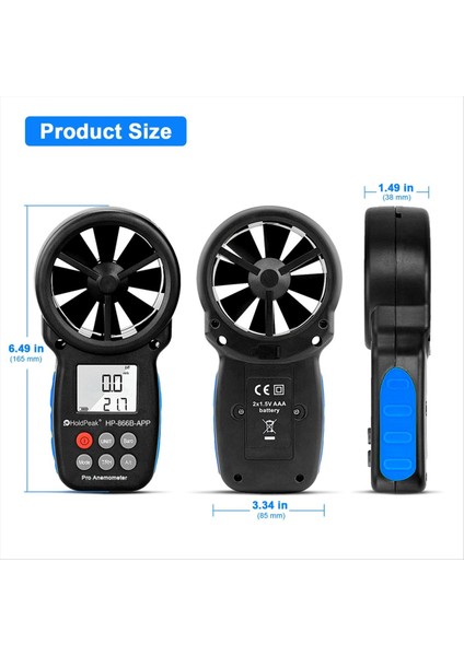 Holdpeak 866B-APP Bluetooth El Tipi Anemometre - Dijital Rüzgar Hızı, (Yurt Dışından) indirimleri