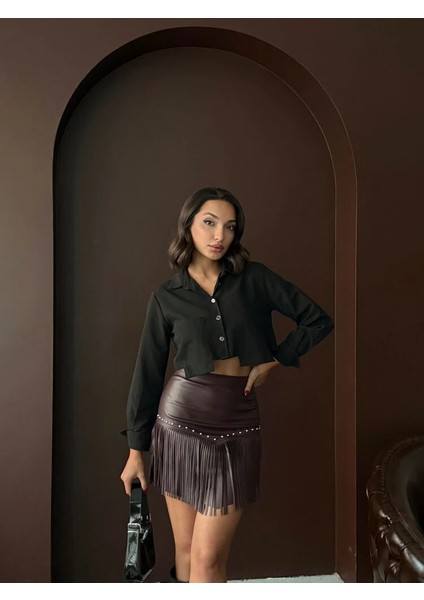 Kadın Püsküllü Mini Etek Zımbalı Deri Görünümlü Kısa Saçaklı Etek Siyah