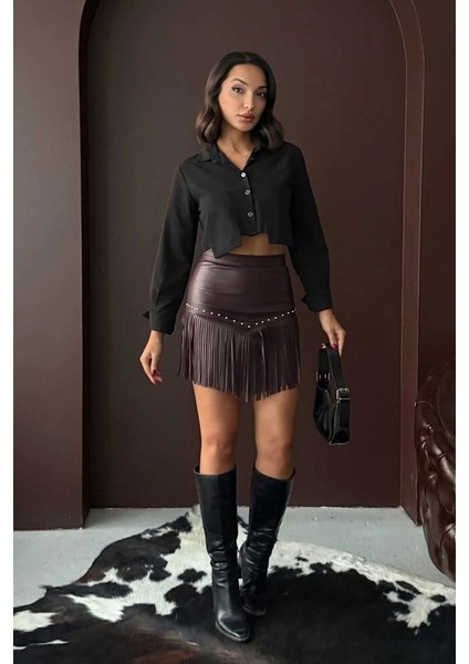 Kadın Püsküllü Mini Etek Zımbalı Deri Görünümlü Kısa Saçaklı Etek Siyah modelleri