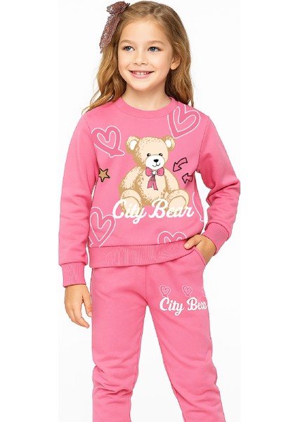 Kız Çocuk 2 Iplik Şardonsuz Ayıcık Baskılı Alt-Üst Takım-3 -10 Yaş 12415