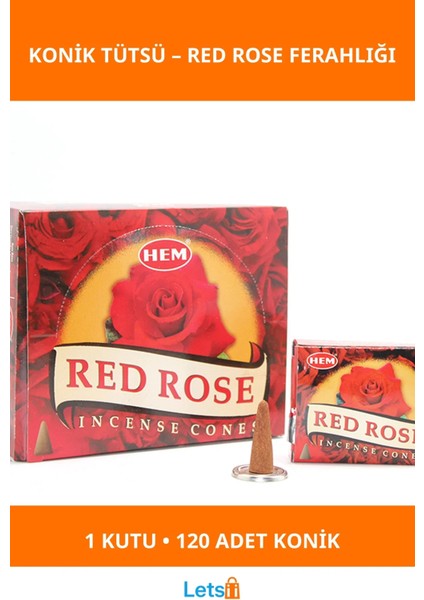 Klasik Kırmızı Gül Aromalı Konik Tütsü 12 Paket 120 Adet