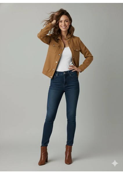 Kadın Taba Zarif Kısa Ceket Toka Detaylı Dik Yaka Cepli Süet/kaşe Baharlık Ceket