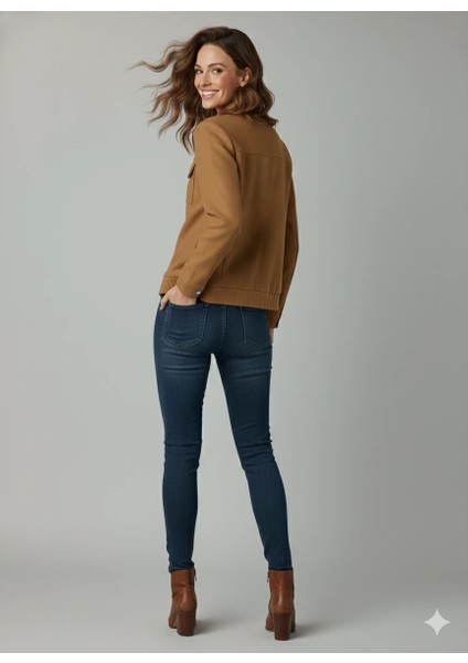 Kadın Taba Zarif Kısa Ceket Toka Detaylı Dik Yaka Cepli Süet/kaşe Baharlık Ceket modelleri