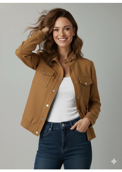 Kadın Taba Zarif Kısa Ceket Toka Detaylı Dik Yaka Cepli Süet/kaşe Baharlık Ceket fırsatları