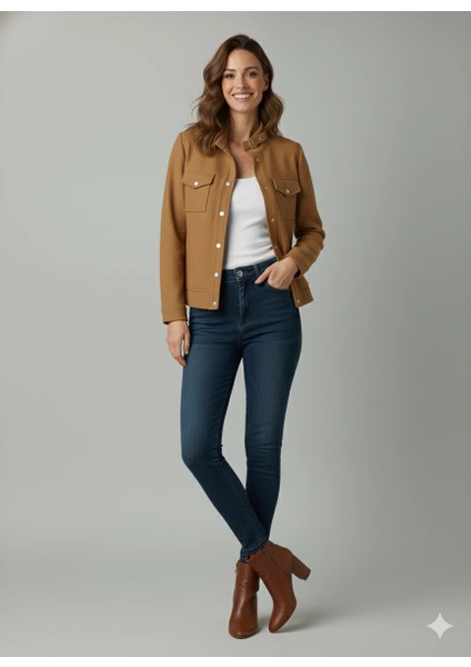 Kadın Taba Zarif Kısa Ceket Toka Detaylı Dik Yaka Cepli Süet/kaşe Baharlık Ceket indirimleri