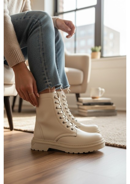 Zarif Bej Fermuarlı & Bağcıklı Kauçuk Taban Kadın Bot
