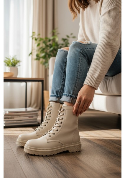 Zarif Bej Fermuarlı & Bağcıklı Kauçuk Taban Kadın Bot fiyatları