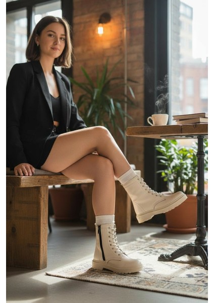 Zarif Bej Fermuarlı & Bağcıklı Kauçuk Taban Kadın Bot indirimleri
