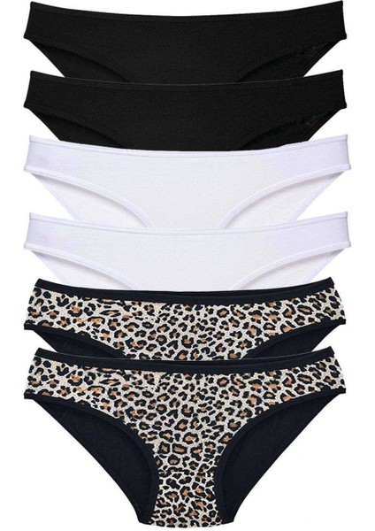 6 Adet Likralı Kadın Slip Külot Leopar Siyah Beyaz