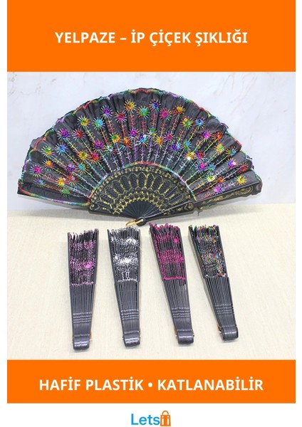 Şık Renkli Ip Çiçek Detaylı Katlanabilir Plastik Yelpaze