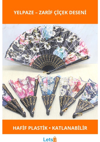 Plastik Çiçek Desenli Katlanabilir Yelpaze