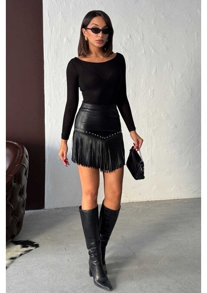 Kadın Püsküllü Mini Etek Zımbalı Deri Görünümlü Kısa Saçaklı Etek Siyah indirimleri