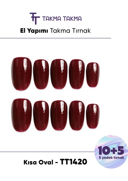 15'li Bordo Kısa Oval TT1420 Tekrar Kullanılabilir El Yapımı Protez Takma Tırnak - Bordo-L