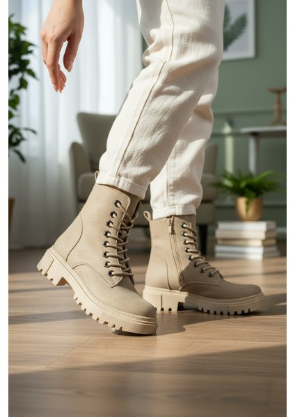 Zarif Bej Fermuarlı& Bağcıklı Kauçuk Taban Kadın Bot