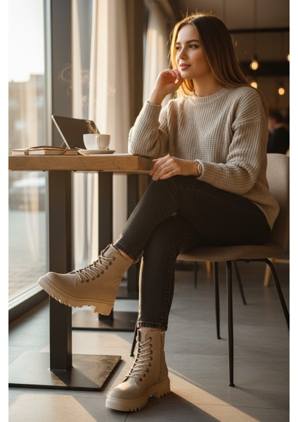 Zarif Bej Fermuarlı& Bağcıklı Kauçuk Taban Kadın Bot fiyatları