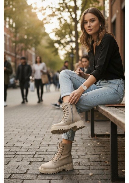 Zarif Bej Fermuarlı& Bağcıklı Kauçuk Taban Kadın Bot modelleri