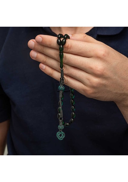 Gümüş Kazaz Püsküllü Yeşil Sıkma Kehribar Tesbih fiyatları