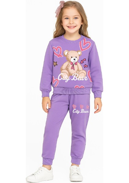 Kız Çocuk 2 Iplik Şardonsuz Ayıcık Baskılı Alt-Üst Takım-3 -10 Yaş 12415