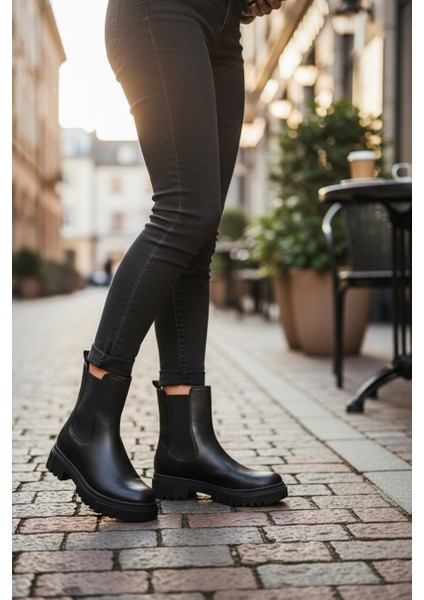 Zarif Siyah Lastikli Kauçuk Taban Kadın Bot