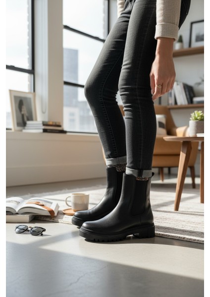 Zarif Siyah Lastikli Kauçuk Taban Kadın Bot fırsatları