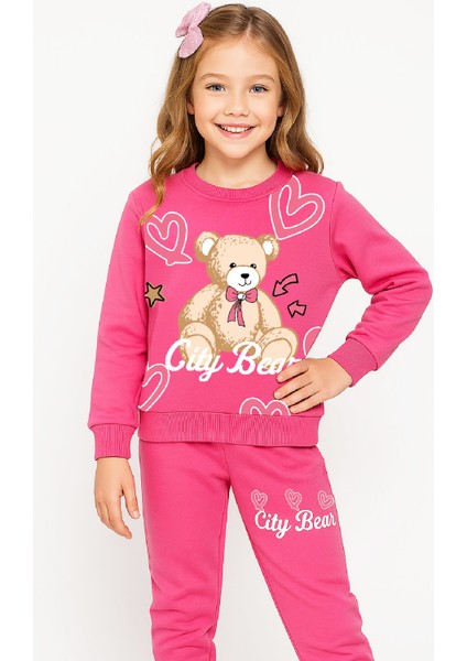 Kız Çocuk 2 Iplik Şardonsuz Ayıcık Baskılı Alt-Üst Takım-3 -10 Yaş 12415