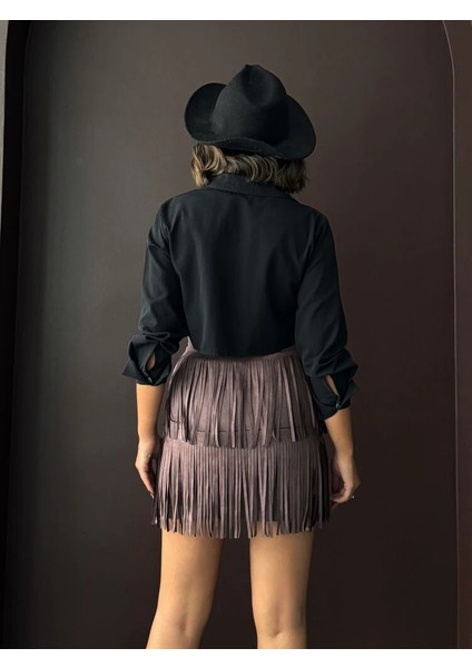 Kadın Siyah Püsküllü Mini Etek Katmanlı Saçaklı Süet/scuba Kumaş Abiye Party Eteği