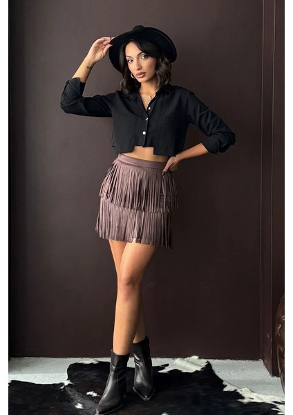 Kadın Siyah Püsküllü Mini Etek Katmanlı Saçaklı Süet/scuba Kumaş Abiye Party Eteği fırsatları