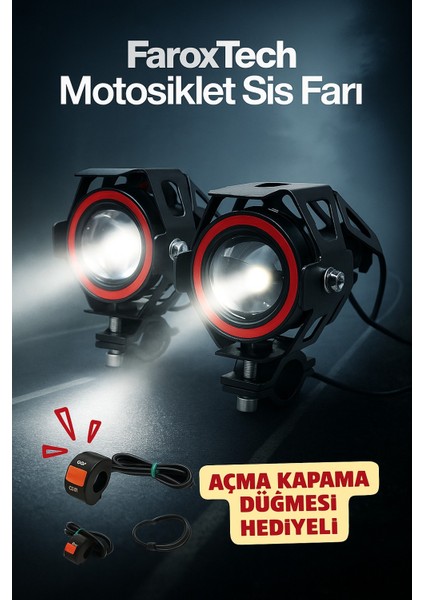 Motosiklet Sis Farı – Lensli Projeksiyon Led, Halo Halkalı, Suya Dayanıklı, Evrensel Kelepçe