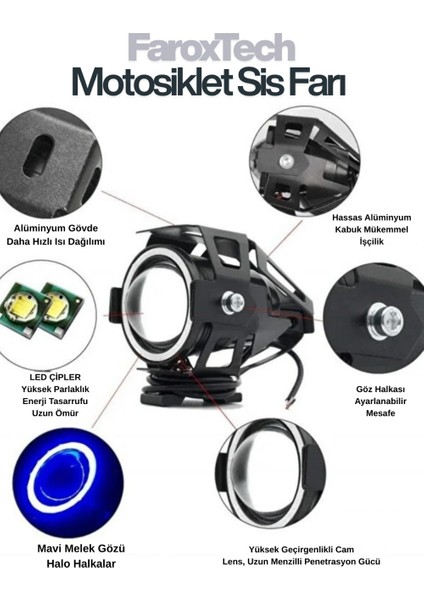 Motosiklet Sis Farı – Lensli Projeksiyon Led, Halo Halkalı, Suya Dayanıklı, Evrensel Kelepçe modelleri