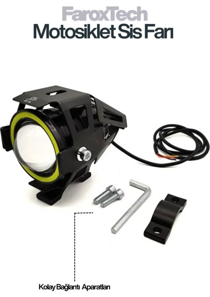 Motosiklet Sis Farı – Lensli Projeksiyon Led, Halo Halkalı, Suya Dayanıklı, Evrensel Kelepçe
