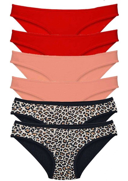 6 Adet Likralı Kadın Slip Külot Leopar Kırmızı Pudra