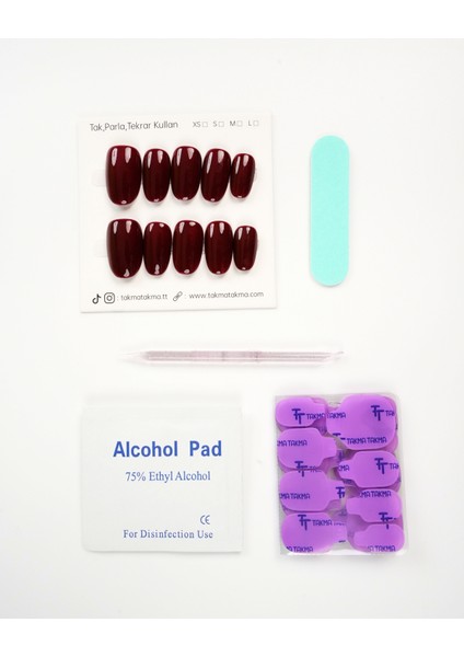 15'li Bordo Kısa Oval TT1420 Tekrar Kullanılabilir El Yapımı Protez Takma Tırnak - Bordo-M fırsatları