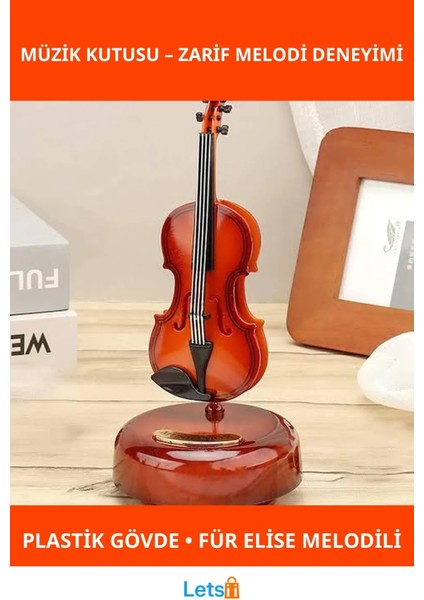 Ahşap Görünümlü Müzik Kutusu Hareketli Keman Şeklinde Für Elise Melodili