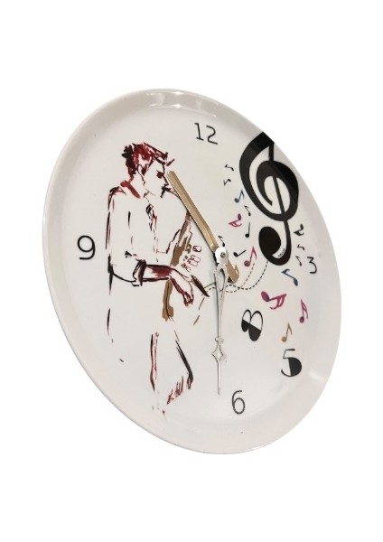 Müzik Notları ve Saksafon Çalan Adam Resimli Porselen Duvar Saati fırsatları