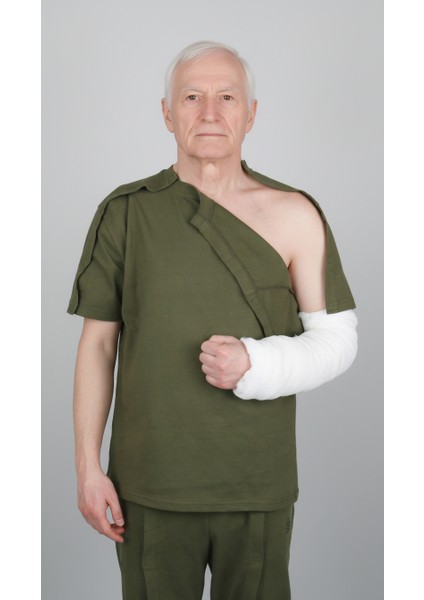 Adaptif Kısa Kollu Haki Kırık Kol - Ortopedi Tedavi Kıyafeti