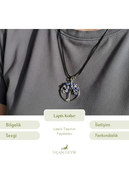 Hayat Ağacı Lapis Lazuli Kolye - Paslanmaz Çelik Siyah Zincirli Doğal Taş Kolye
