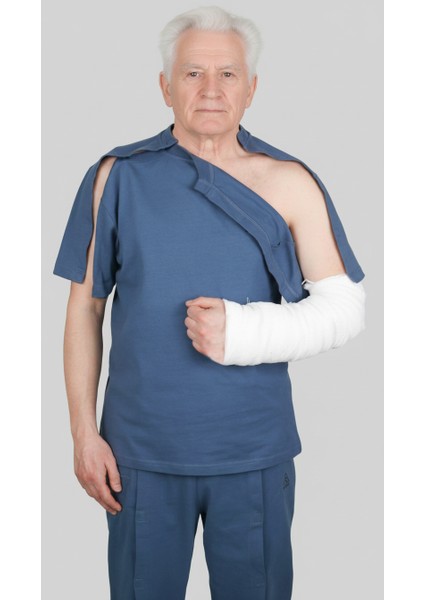 Adaptif Kısa Kollu Denim Mavi Kırık Kol - Ortopedi Tedavi Kıyafeti