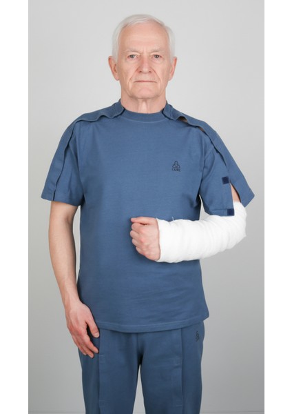 Adaptif Kısa Kollu Denim Mavi Kırık Kol - Ortopedi Tedavi Kıyafeti modelleri