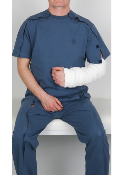 Adaptif Kısa Kollu Denim Mavi Kırık Kol - Ortopedi Tedavi Kıyafeti