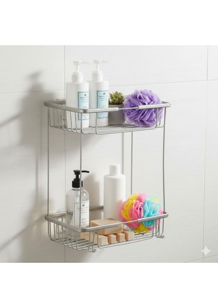 Kare Iki Katlı Krom Banyo Şampuanlık Tasarım Çift Kat Duş Rafı Paslanmaz Metal Duvar Organizeri