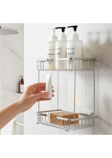 Kare Iki Katlı Krom Banyo Şampuanlık Tasarım Çift Kat Duş Rafı Paslanmaz Metal Duvar Organizeri modelleri