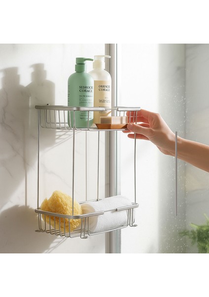 Kare Iki Katlı Krom Banyo Şampuanlık Tasarım Çift Kat Duş Rafı Paslanmaz Metal Duvar Organizeri indirimleri