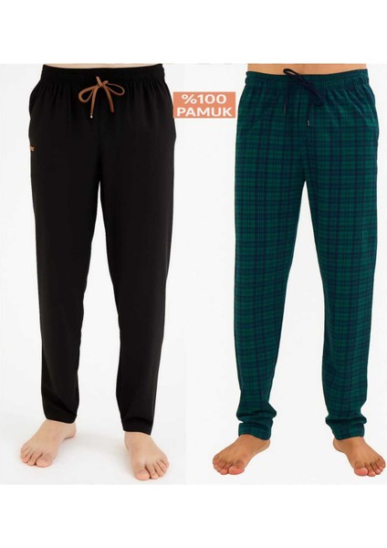 Erkek Pamuklu Yeşil Ekose -Siyah 2'li Tek Alt Pijama - Mevsimlik Pijama Altı