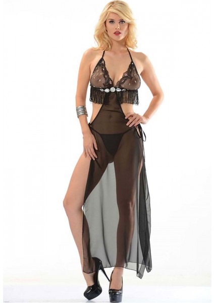 Siyah Püsküllü Şifon Gecelik - 201