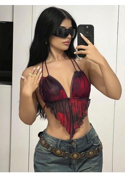 Kadın Kırmızı Siyah Renklerde Önden Üçgen Kesim Detaylı Crop Askılı Önden Bağlama 5092 fiyatları