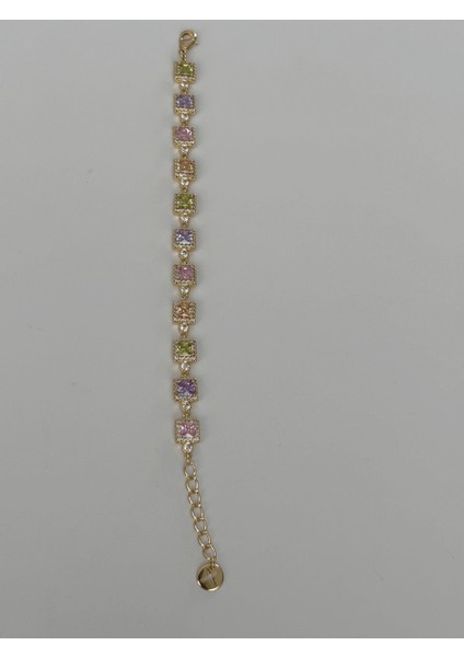 14 K Renginde Renkli Swarovski Taşlı Kare Şekilli Gold Bileklik fırsatları