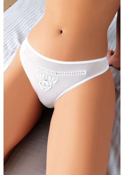 - Beyaz Nakış Desenli Taşlı Fantezi Tanga String