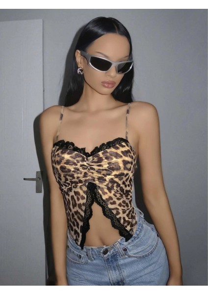 Kadın Leopar Desenli Crop Önden Dantel Detaylı 5095